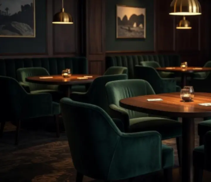 Nastrojowe wnętrze Polverastika z zielonym lounge i kameralnym card room