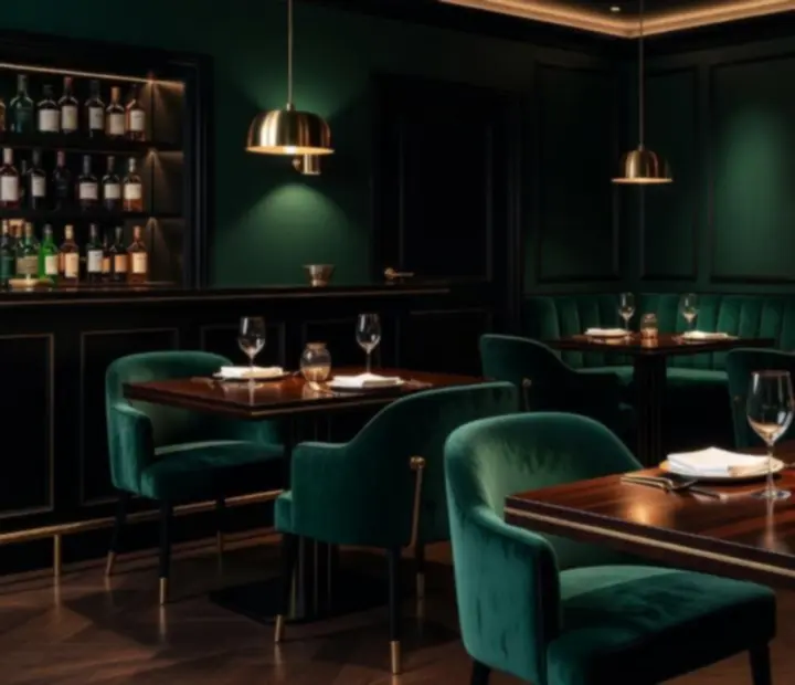 Emeraldowe wnętrze bistro Polverastika z nastrojowym oświetleniem i drewnianymi stolikami