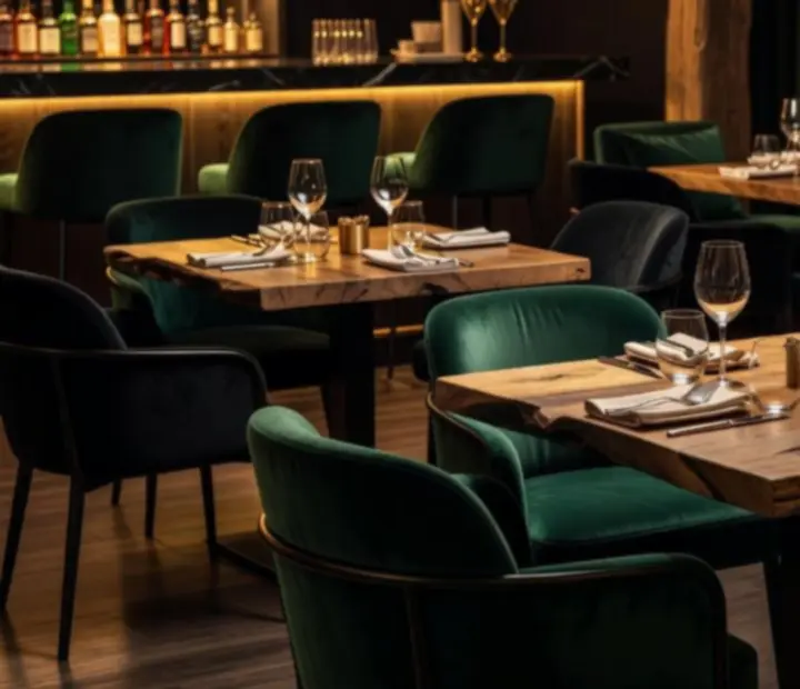 Nastrojowe wnętrze bistro Polverastika w ciemnej, szmaragdowej tonacji