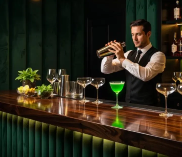 Barman przygotowujący autorskie koktajle przy podświetlonym barze.