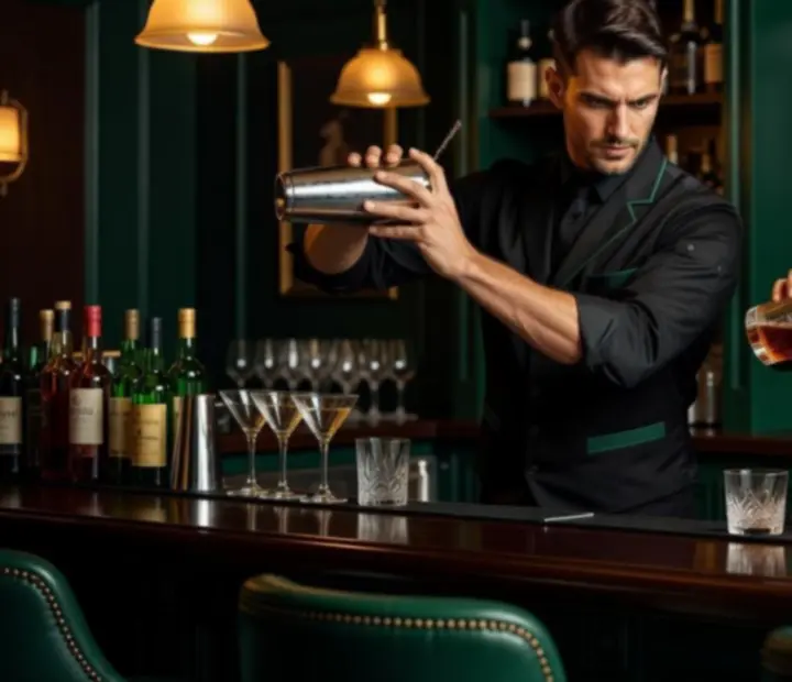 Zespół barmanów Polverastika pracujący za nastrojowo oświetlonym barem