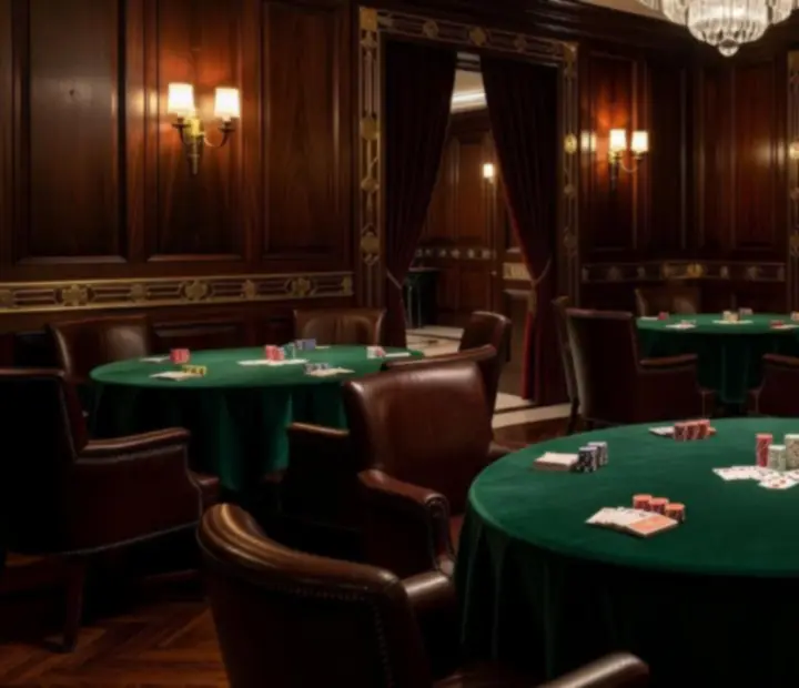 Kameralny salon gier karcianych w Polverastika z welurowymi fotelami i drewnianym stołem