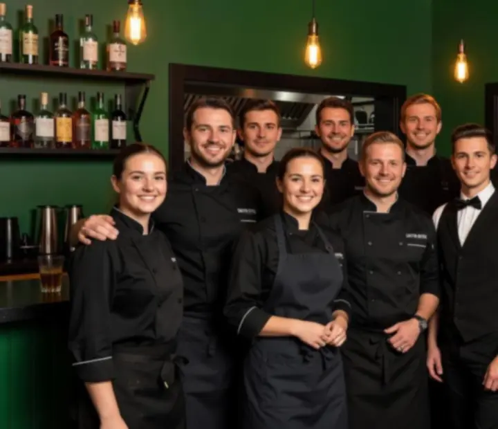 Zespół kucharzy i barmanów Polverastika pracujący w nastrojowym, zielonym lounge
